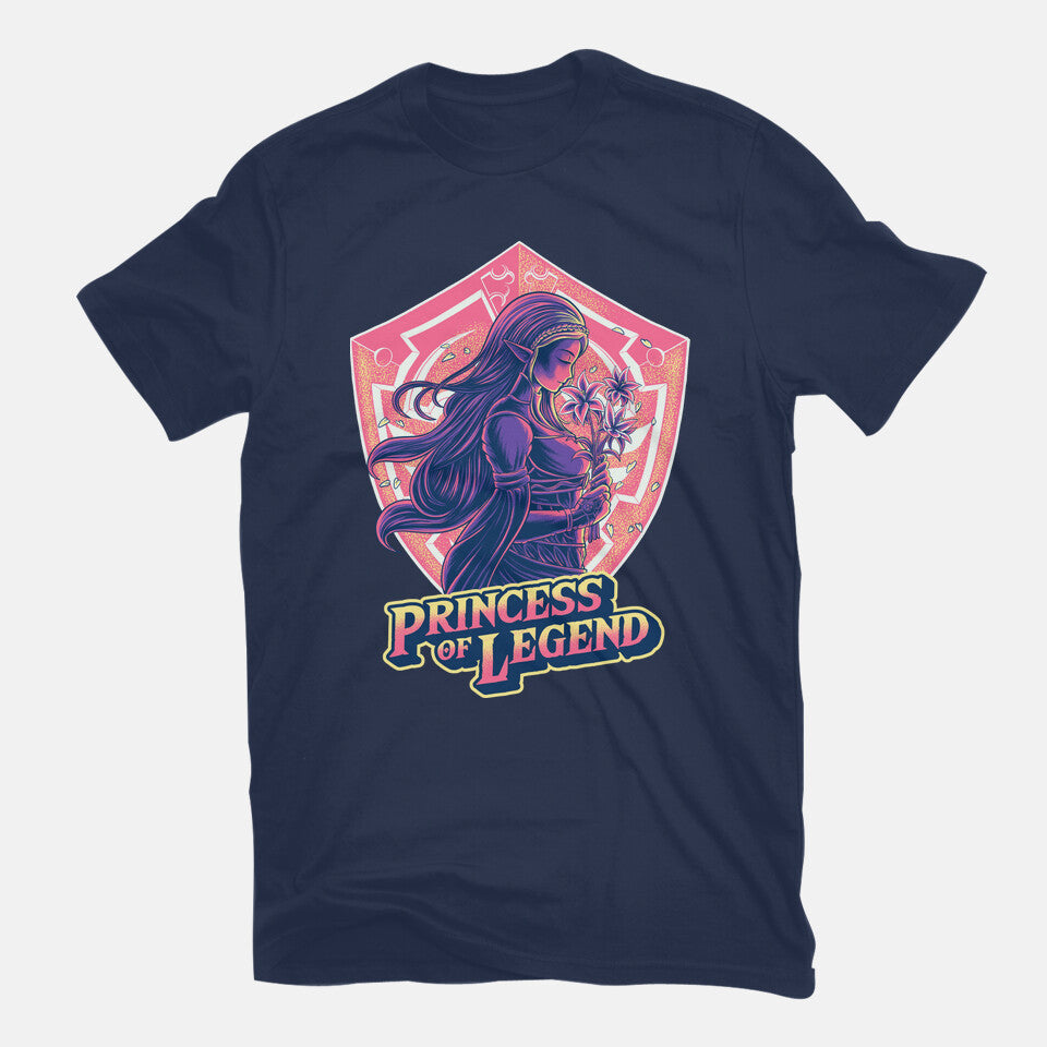Princess Of Legend – Gaming Graphic T-Shirt in navy, flat-lay product view