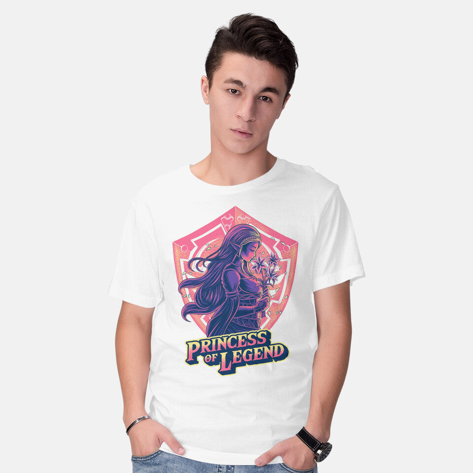 Model wearing white Princess Of Legend – Gaming Graphic T-Shirt
