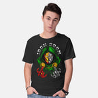 Model wearing black Iron Doom – Fantasy Graphic T-Shirt