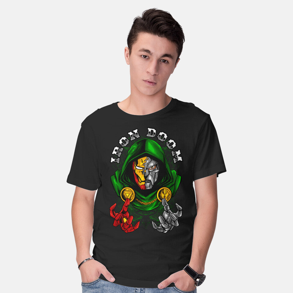 Model wearing black Iron Doom – Fantasy Graphic T-Shirt