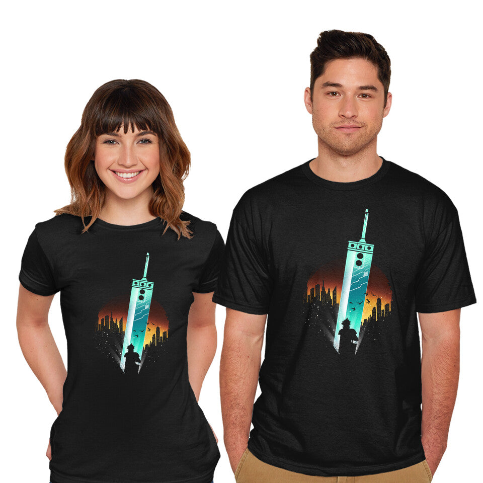 Model wearing black Buster Sword – Gaming Graphic T-Shirt