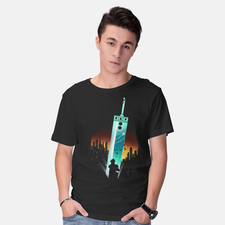 Model wearing black Buster Sword – Gaming Graphic T-Shirt
