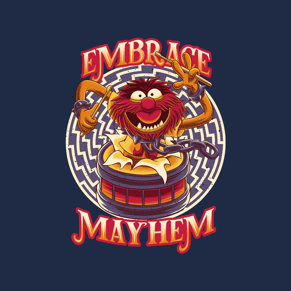 Embrace Mayhem – Music Graphic T-Shirt design artwork for navy graphic T-shirt