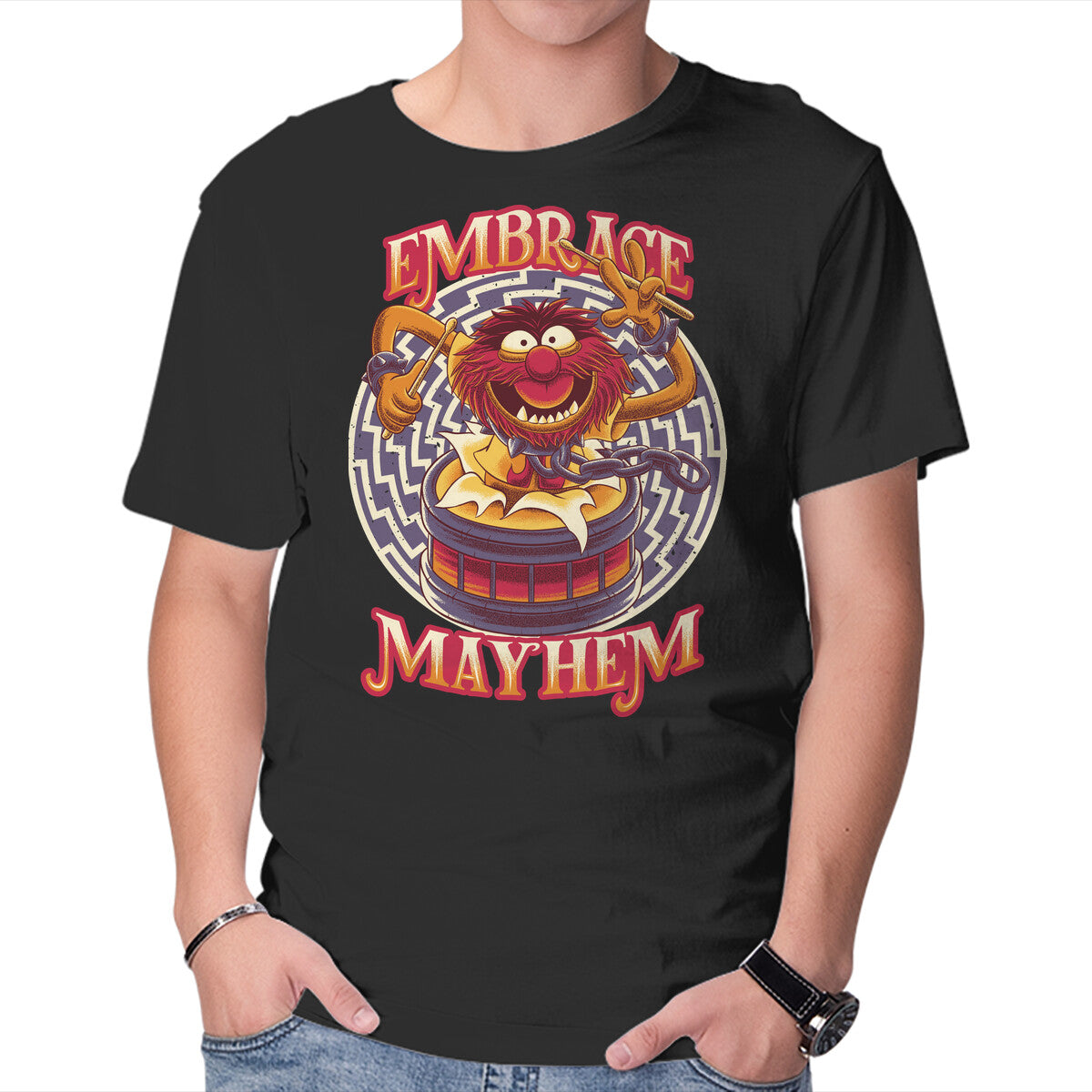 Embrace Mayhem – Music Graphic T-Shirt in black, product display