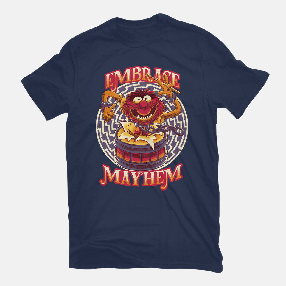Embrace Mayhem – Music Graphic T-Shirt in navy, flat-lay product view