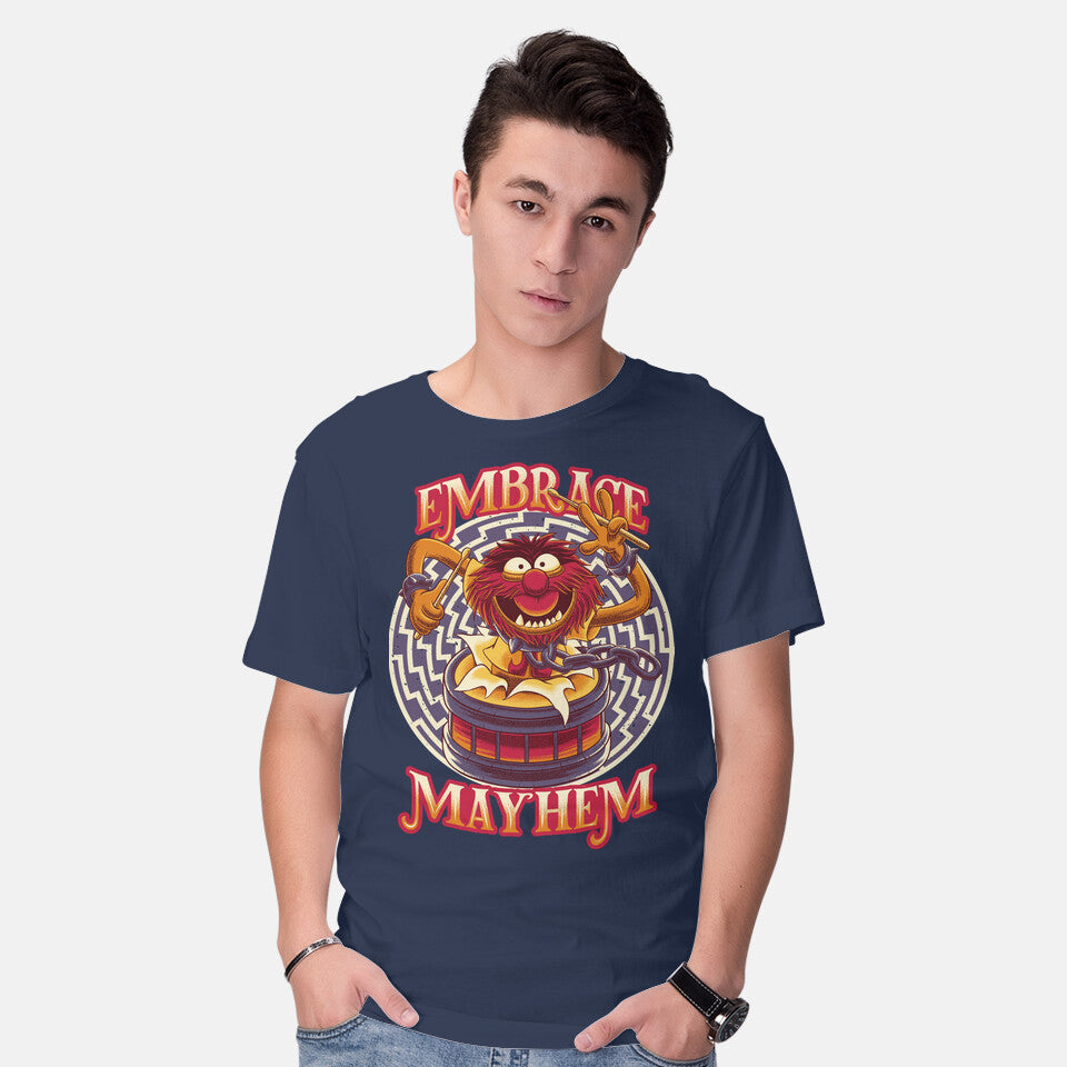 Model wearing navy Embrace Mayhem – Music Graphic T-Shirt