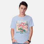 Model wearing blue Crossing Hanami – Gaming Graphic T-Shirt