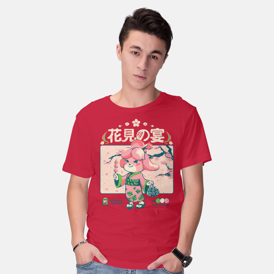 Model wearing red Crossing Hanami – Gaming Graphic T-Shirt