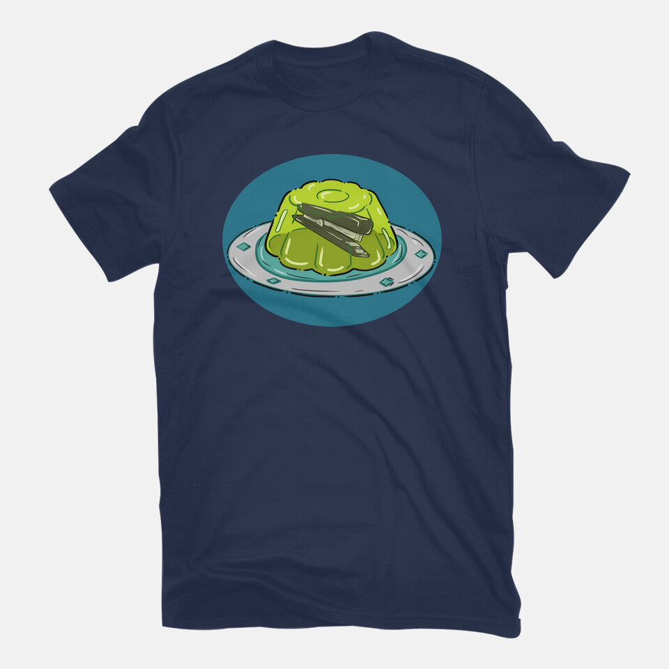 Jelly Prank – Funny Graphic T-Shirt in navy, flat-lay product view