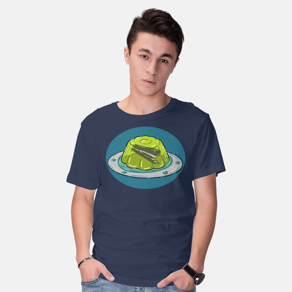 Model wearing navy Jelly Prank – Funny Graphic T-Shirt