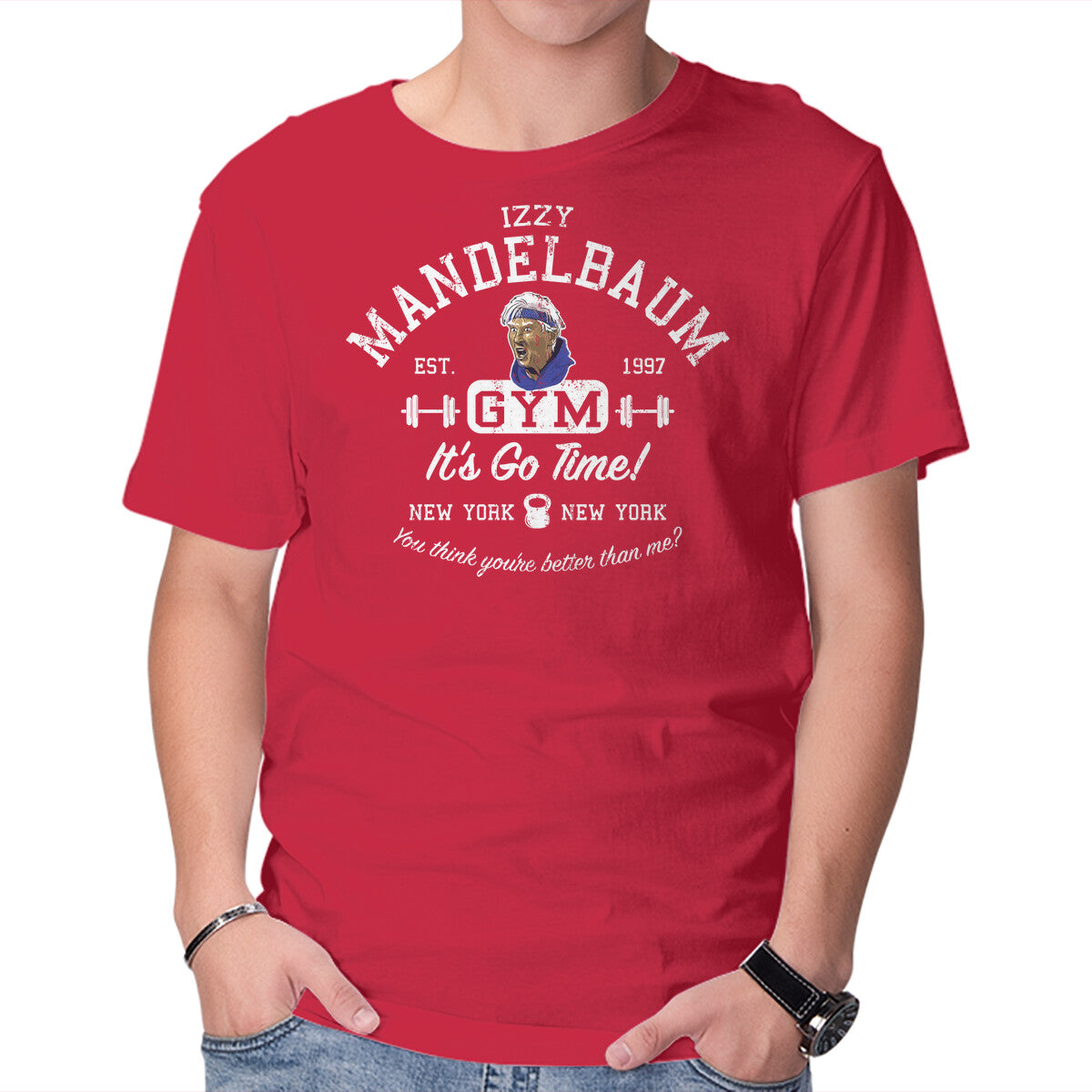 Izzy Mandelbaum Gym – Funny Graphic T-Shirt in red, product display