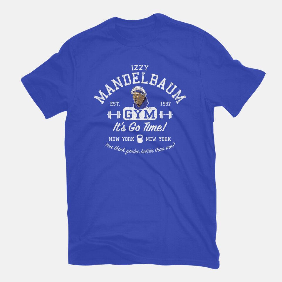 Izzy Mandelbaum Gym – Funny Graphic T-Shirt in royal blue, flat-lay product view