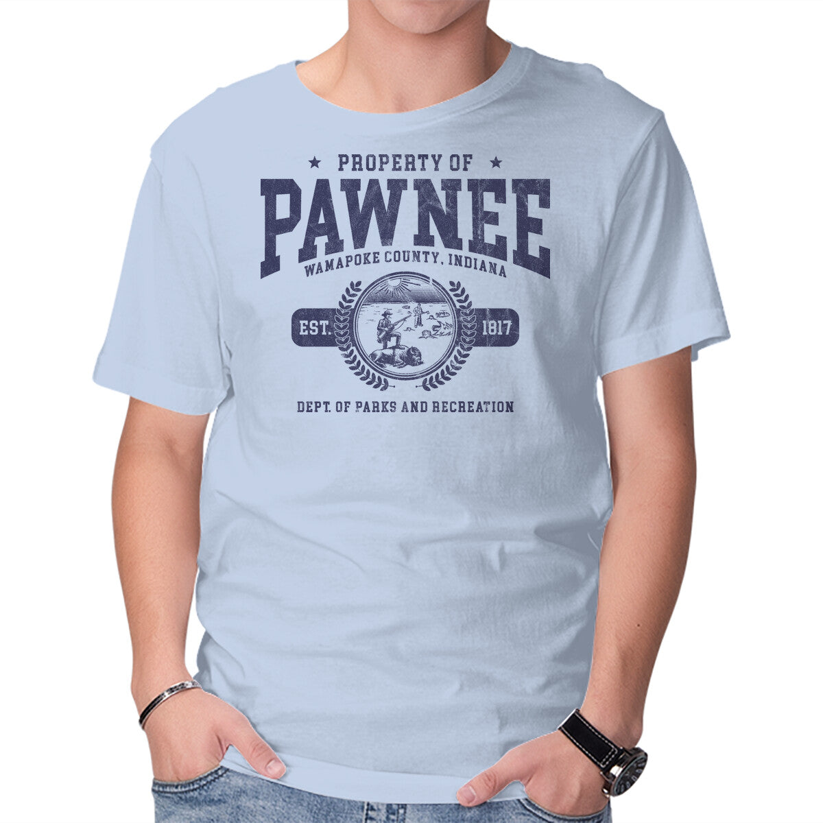 Property Of Pawnee – Funny Graphic T-Shirt in blue, product display