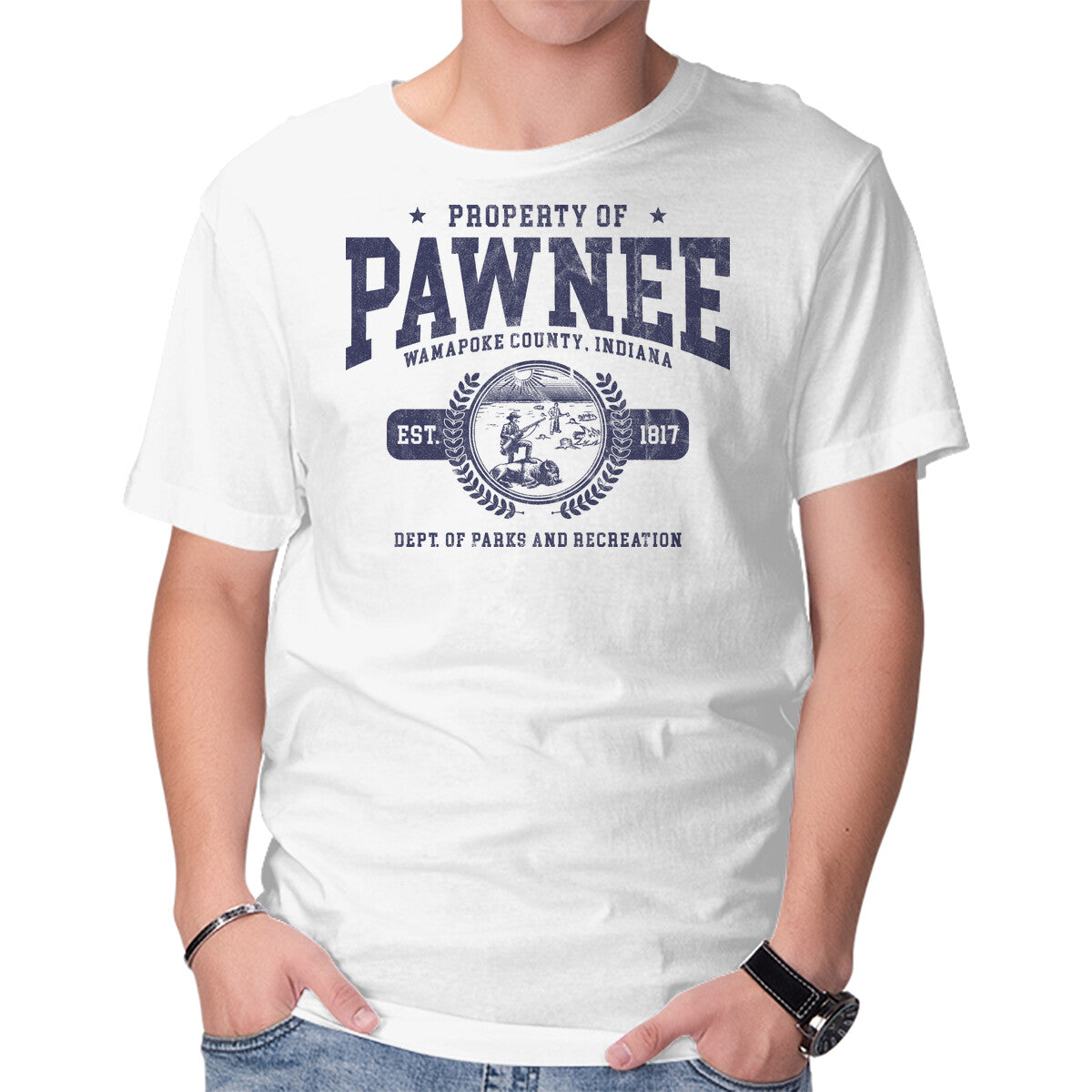 Property Of Pawnee – Funny Graphic T-Shirt in white, product display