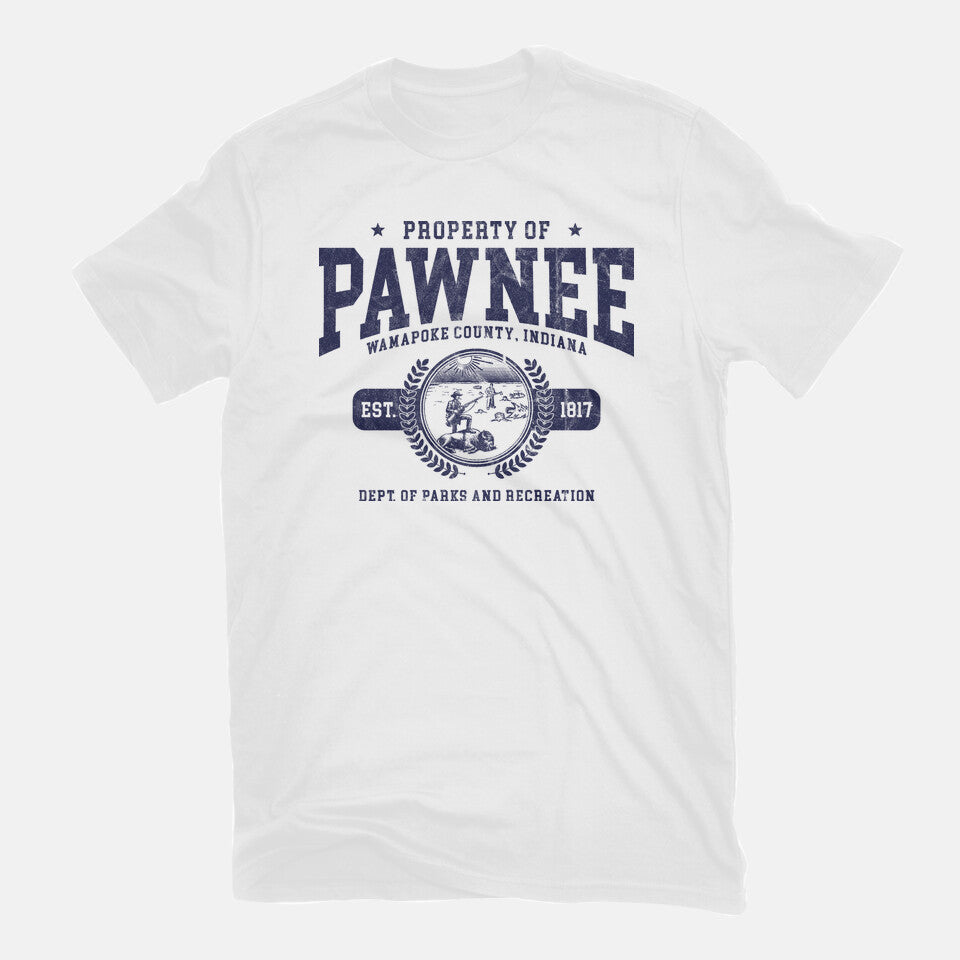 Property Of Pawnee – Funny Graphic T-Shirt in white, flat-lay product view