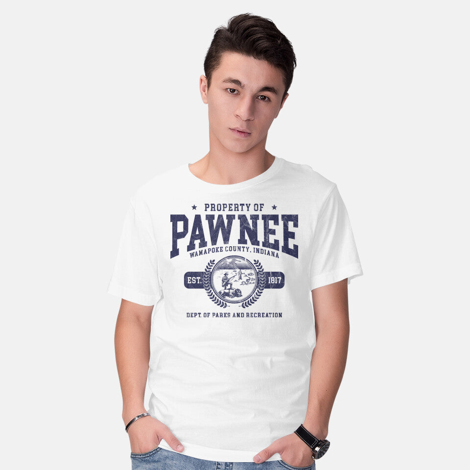 Model wearing white Property Of Pawnee – Funny Graphic T-Shirt