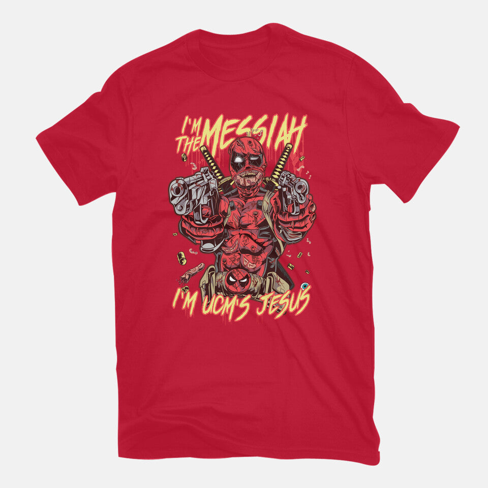 I'm UCM's Jesus – Movie Graphic T-Shirt in red, flat-lay product view