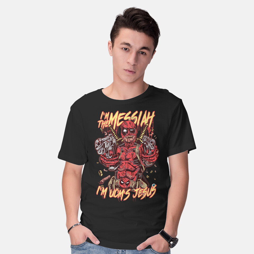Model wearing black I'm UCM's Jesus – Movie Graphic T-Shirt