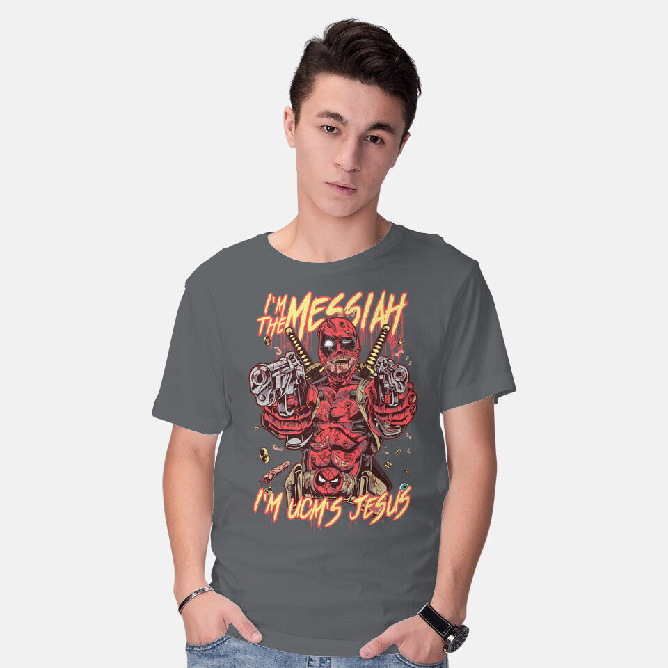 Model wearing charcoal I'm UCM's Jesus – Movie Graphic T-Shirt