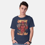 Model wearing navy I'm UCM's Jesus – Movie Graphic T-Shirt