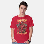 Model wearing red I'm UCM's Jesus – Movie Graphic T-Shirt
