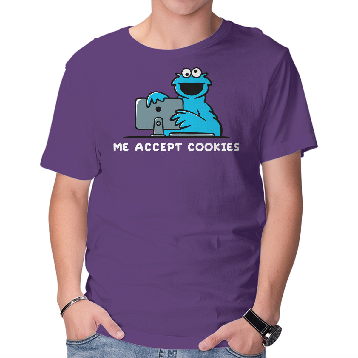 Me Accept Cookies – Funny Graphic T-Shirt in purple, product display