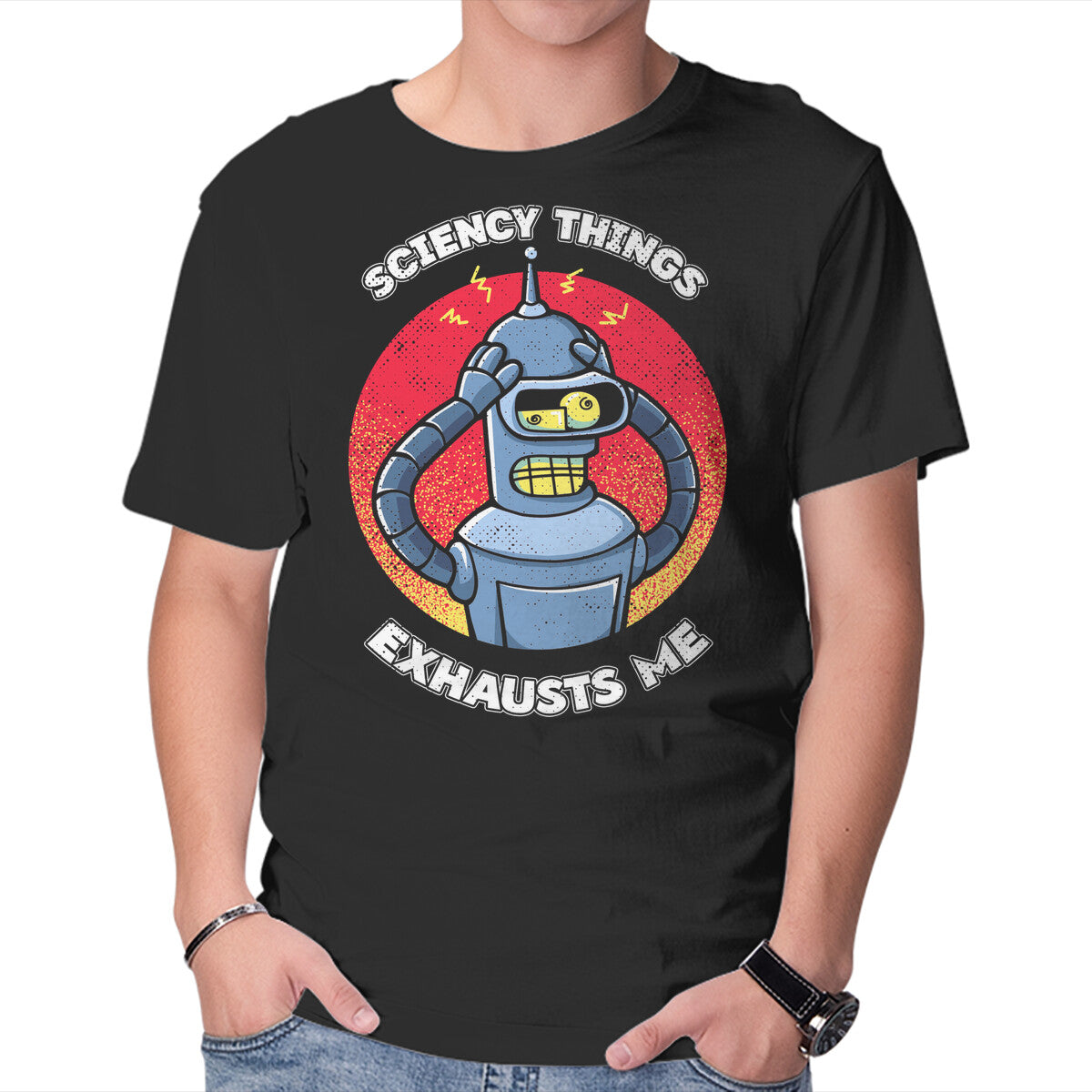 Sciency Things Exhausts Me – Sci-Fi Graphic T-Shirt in black, product display