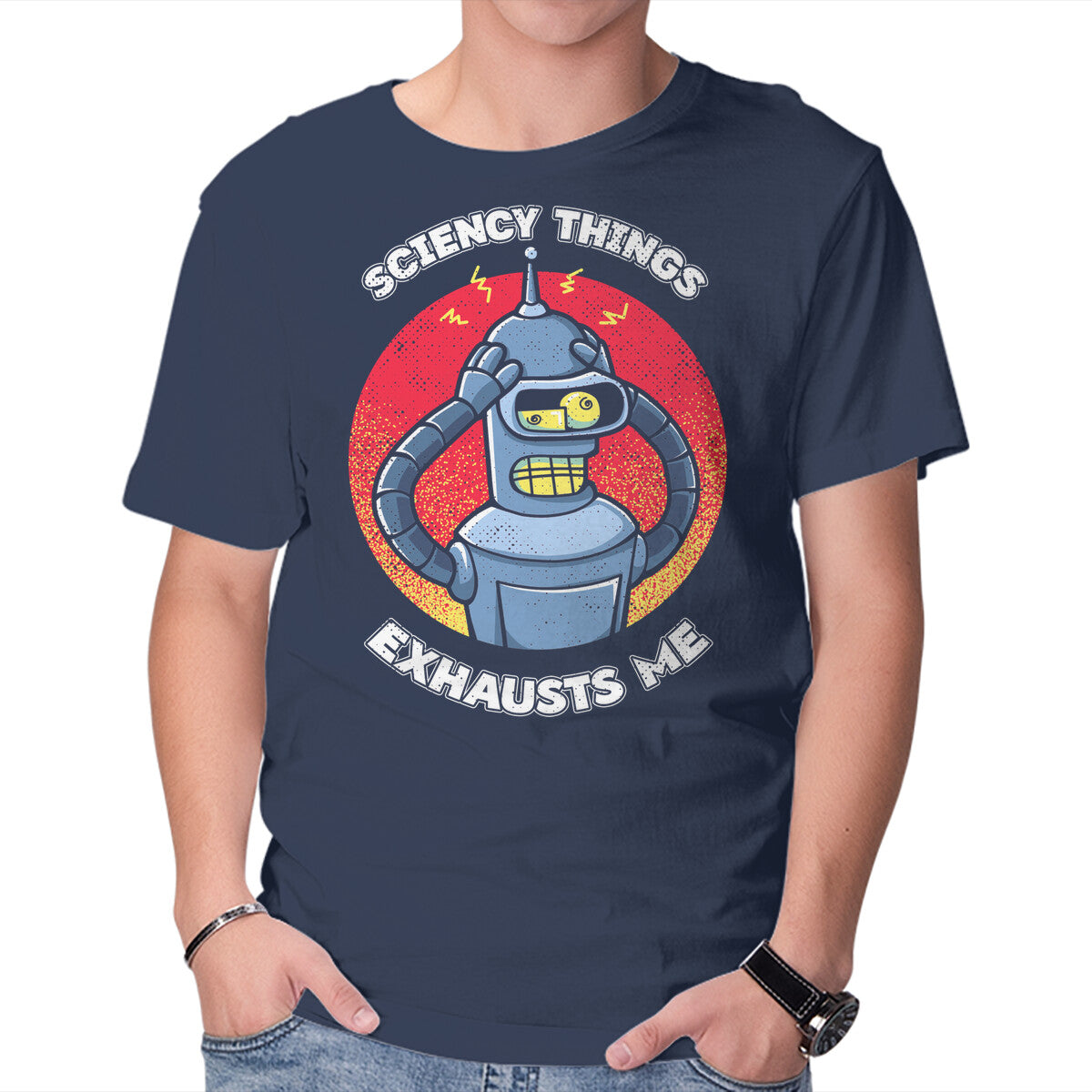 Sciency Things Exhausts Me – Sci-Fi Graphic T-Shirt in navy, product display