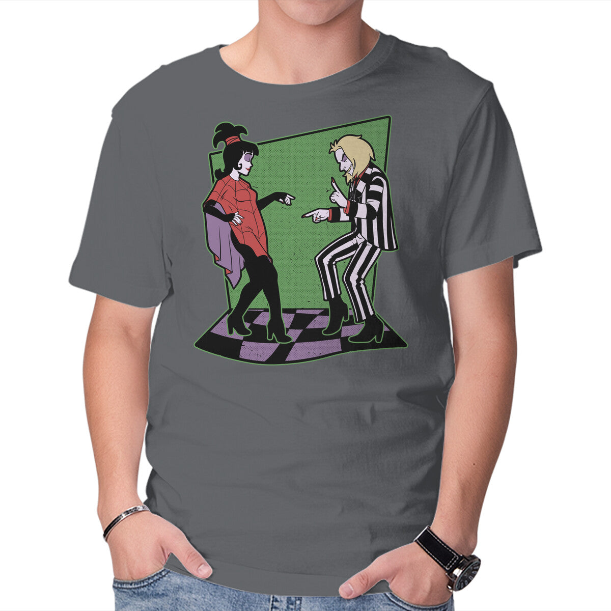 Beetle And Girl Dance – Horror Graphic T-Shirt in charcoal, product display