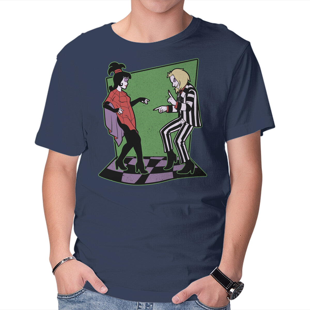 Beetle And Girl Dance – Horror Graphic T-Shirt in navy, product display