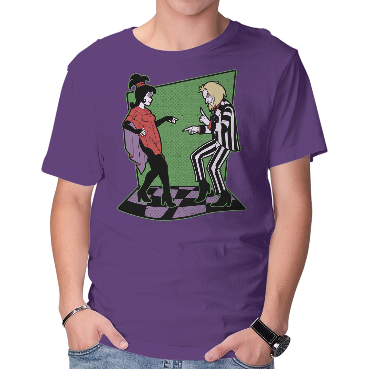 Beetle And Girl Dance – Horror Graphic T-Shirt in purple, product display