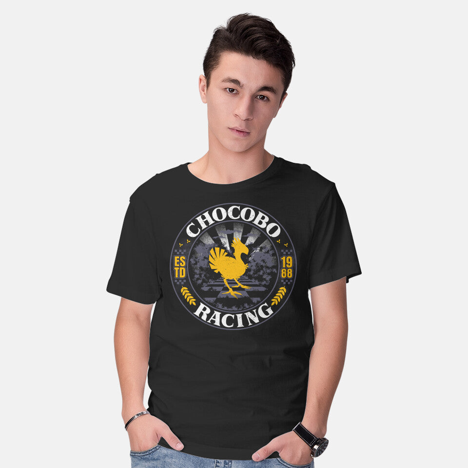 Model wearing black Chocobo Racing – Gaming Graphic T-Shirt