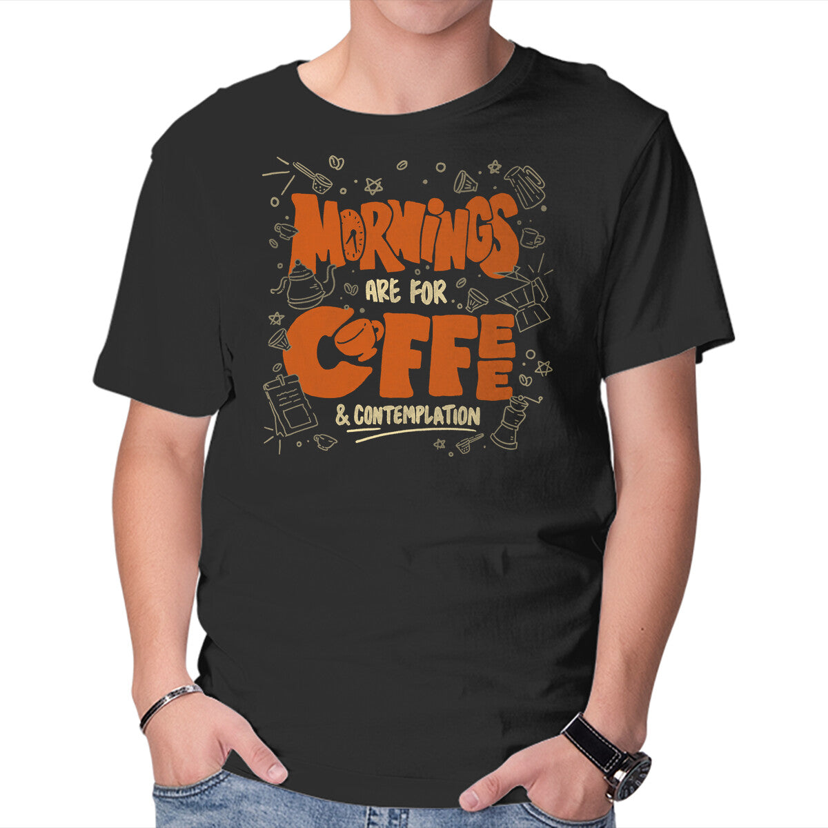 Coffee And Contemplation – Coffee Graphic T-Shirt in black, product display