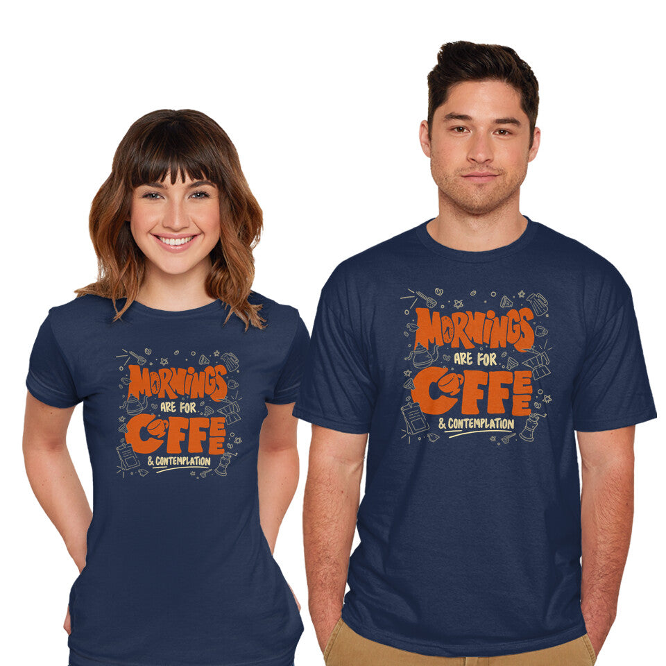 Model wearing navy Coffee And Contemplation – Coffee Graphic T-Shirt