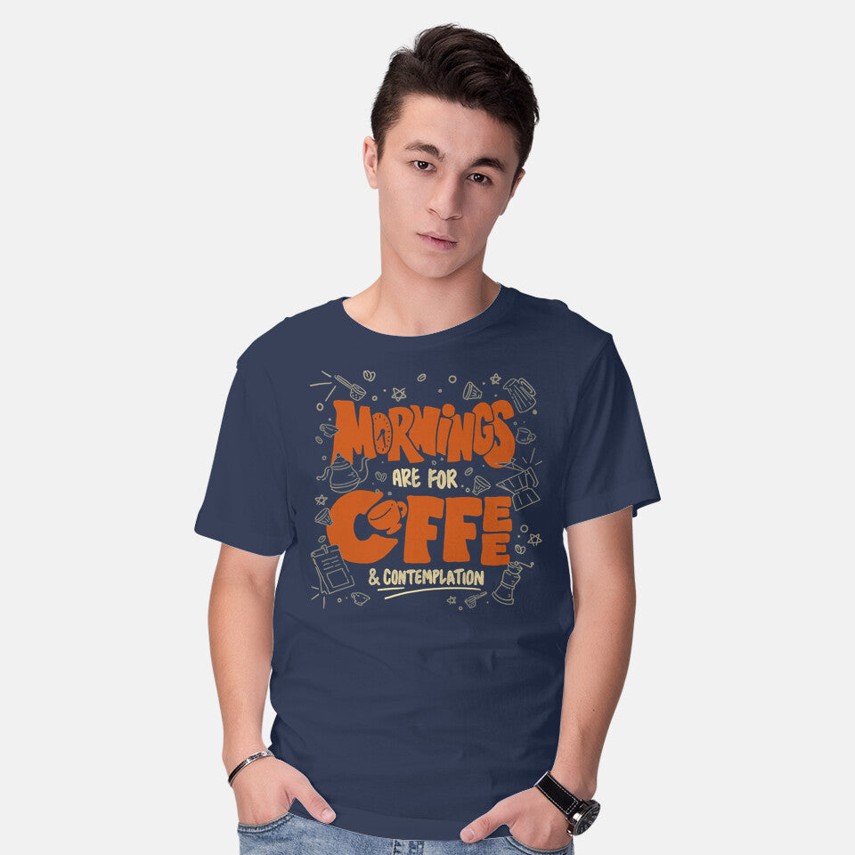 Model wearing navy Coffee And Contemplation – Coffee Graphic T-Shirt