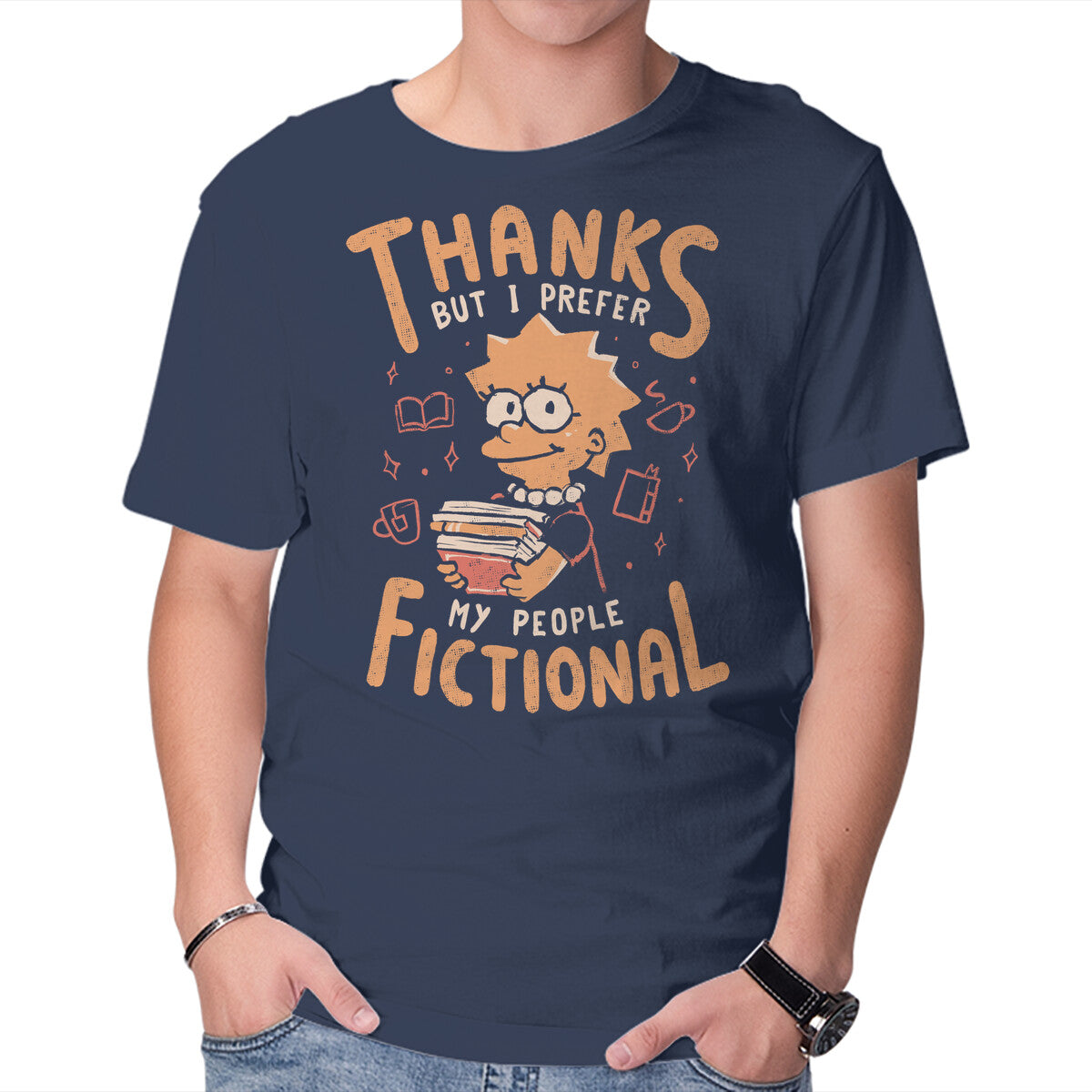 I Prefer My People Fictional – Funny Graphic T-Shirt in navy, product display