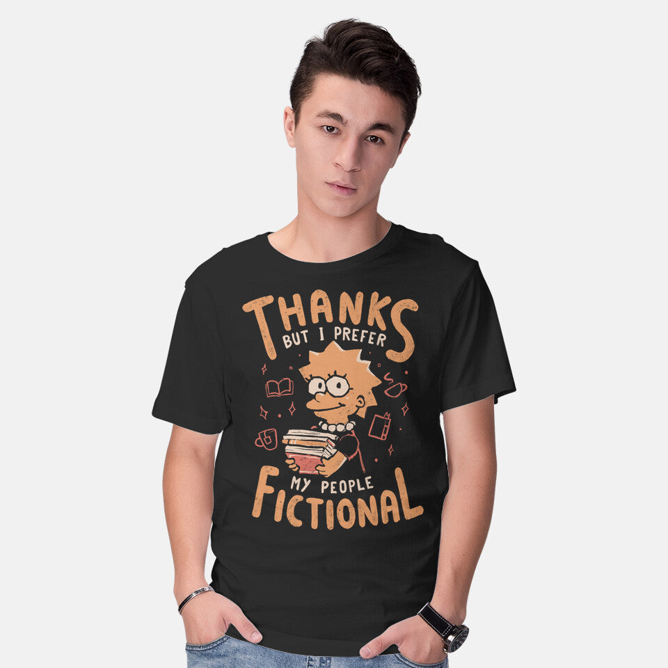 Model wearing black I Prefer My People Fictional – Funny Graphic T-Shirt