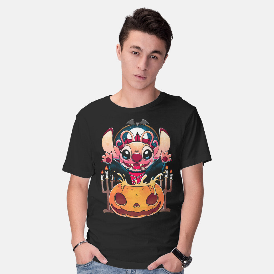 Model wearing black Sweet Pumpkin Experiment – Halloween Graphic T-Shirt