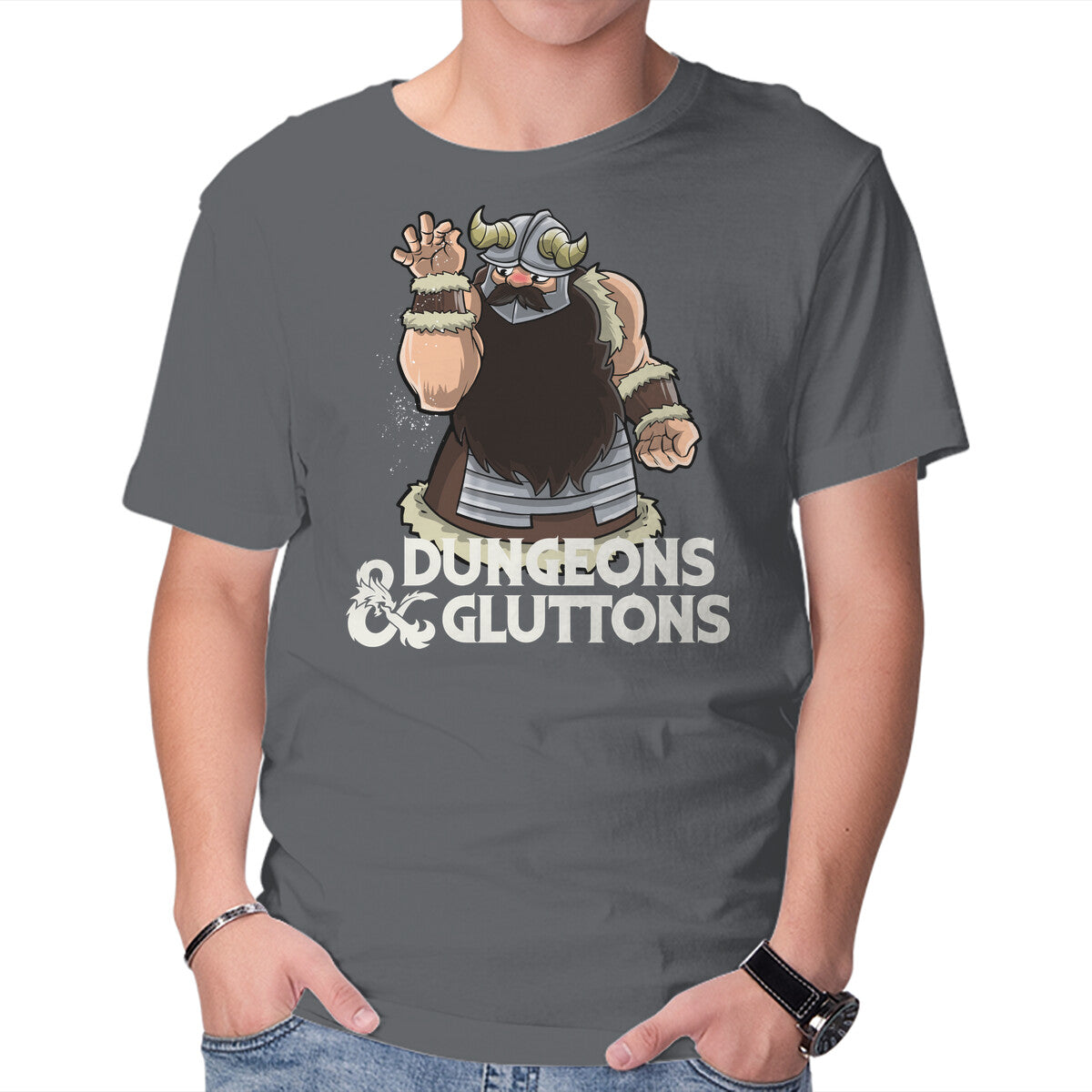 Dungeons And Gluttons – Gaming Graphic T-Shirt in charcoal, product display