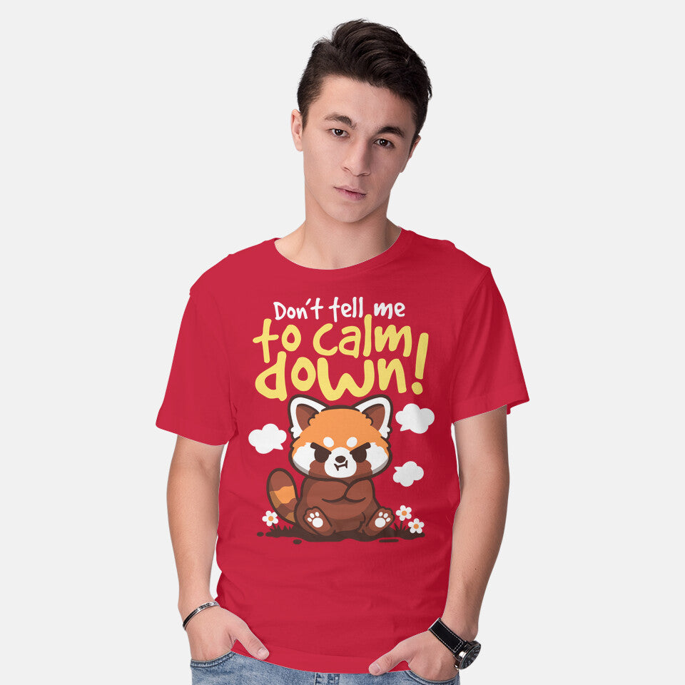 Model wearing red Don't Tell Me To Calm Down – Animal Graphic T-Shirt