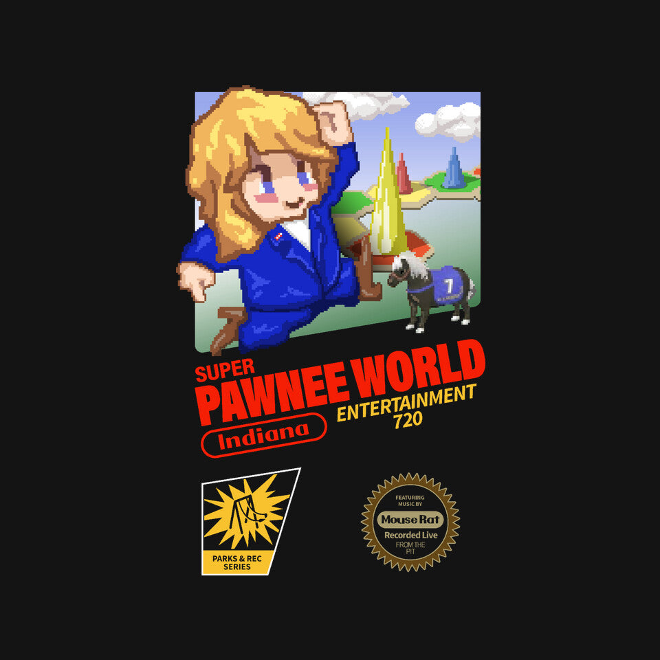 Super Pawnee World – Funny Graphic T-Shirt design artwork for black graphic T-shirt