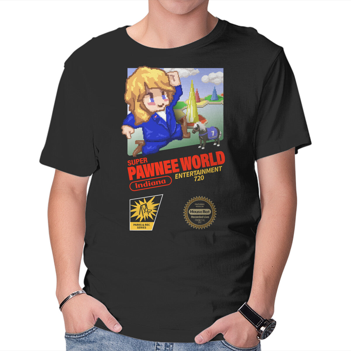 Super Pawnee World – Funny Graphic T-Shirt in black, product display