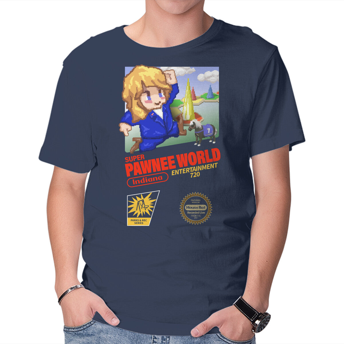 Super Pawnee World – Funny Graphic T-Shirt in navy, product display