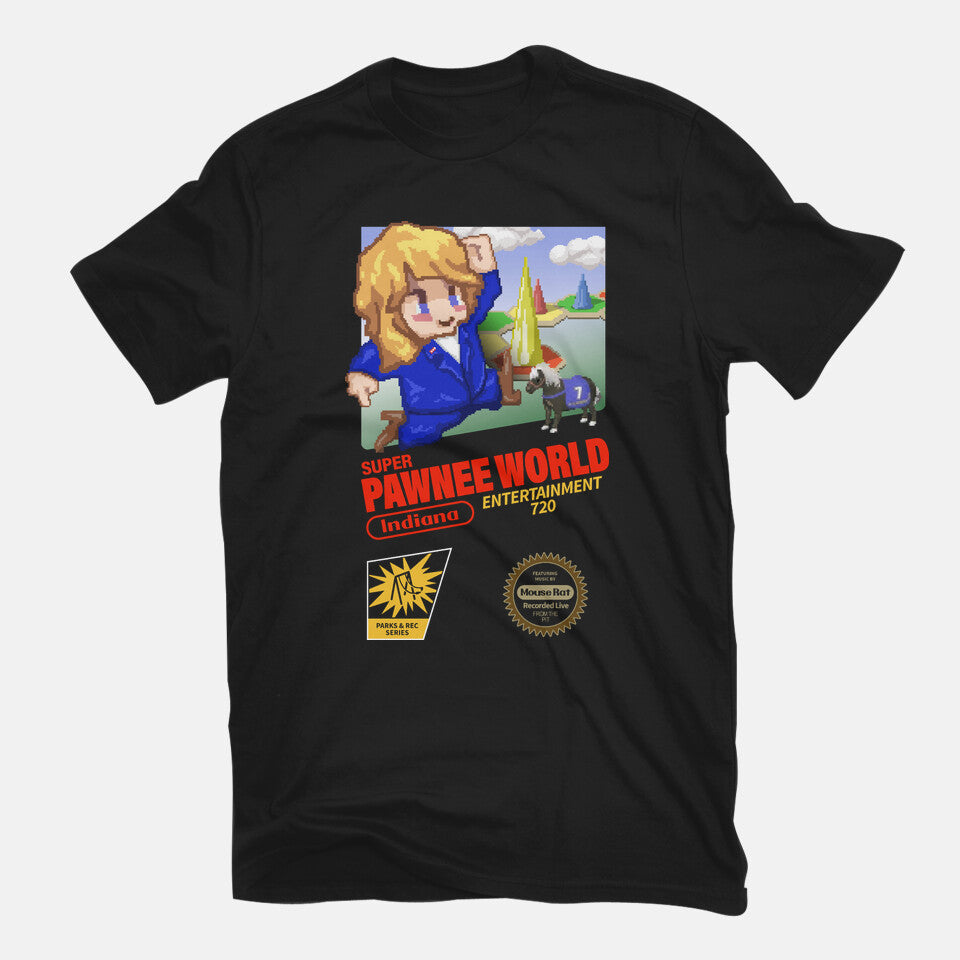 Super Pawnee World – Funny Graphic T-Shirt in black, flat-lay product view