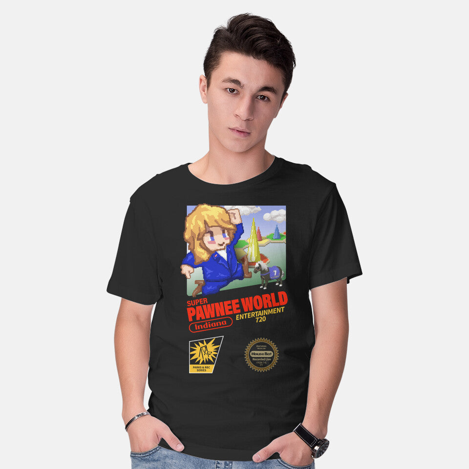 Model wearing black Super Pawnee World – Funny Graphic T-Shirt