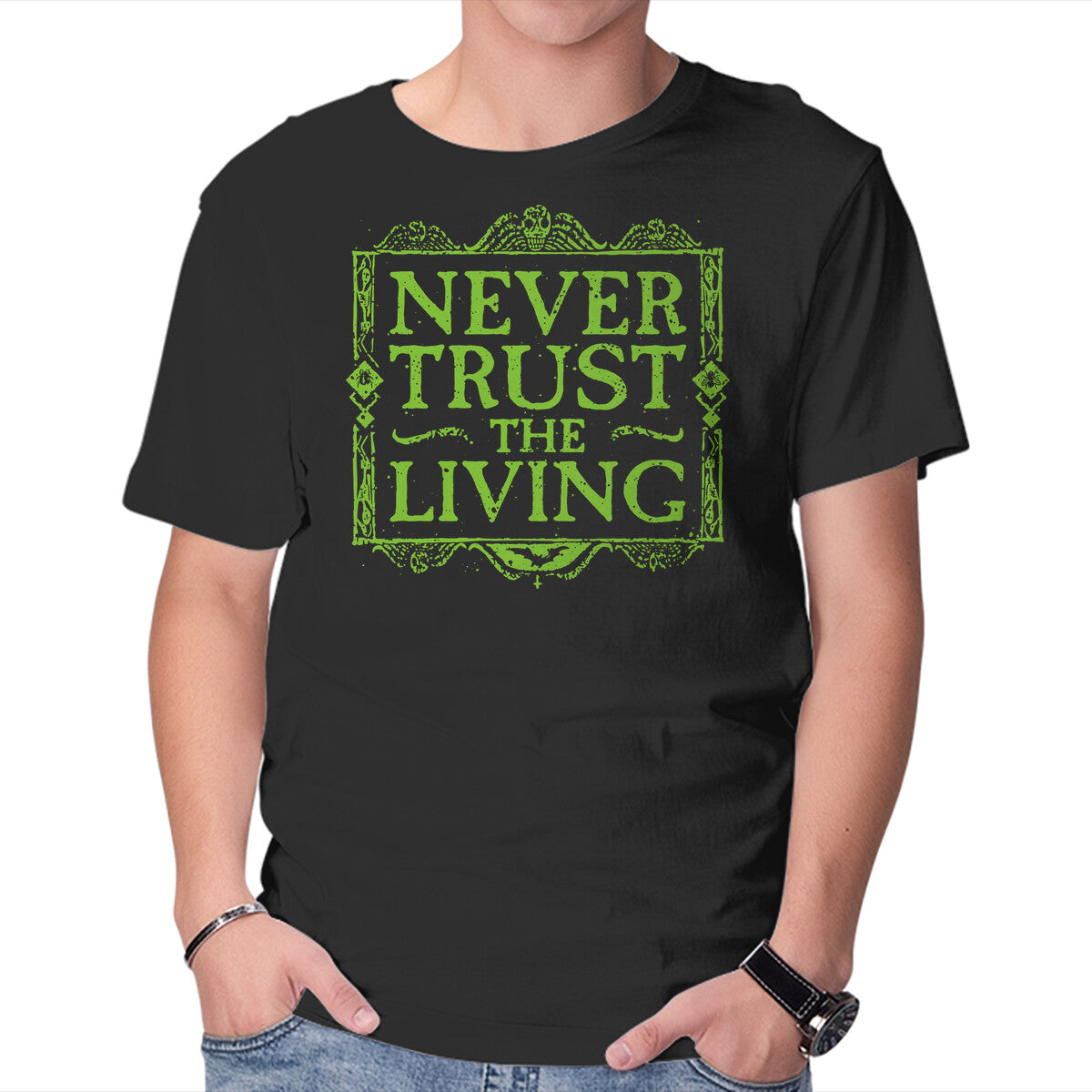 Never Trust Living – Halloween Graphic T-Shirt in black, product display