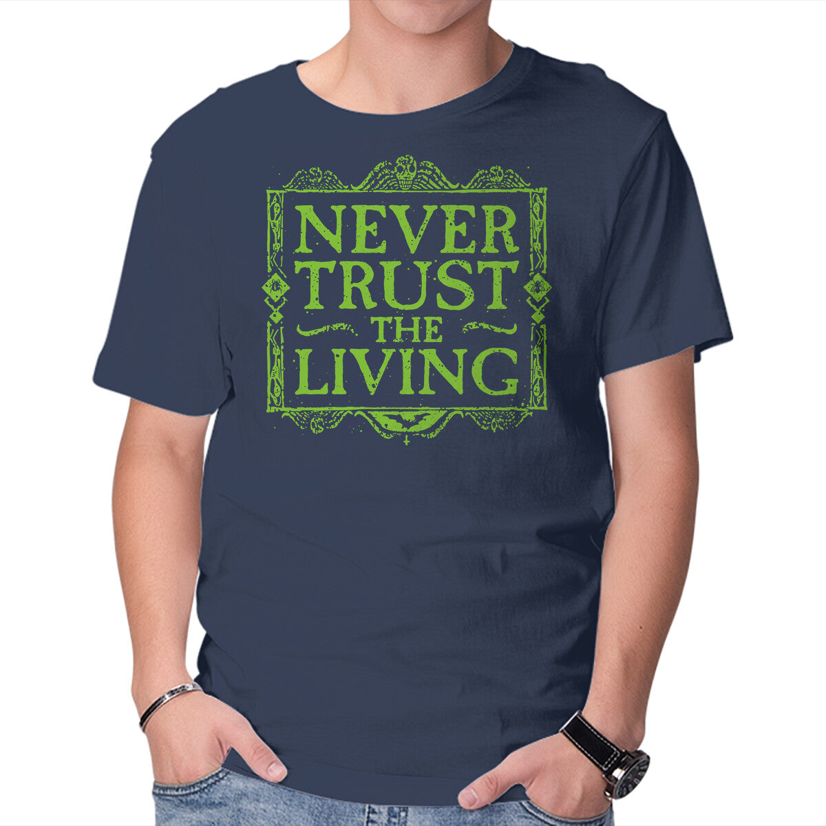 Never Trust Living – Halloween Graphic T-Shirt in navy, product display