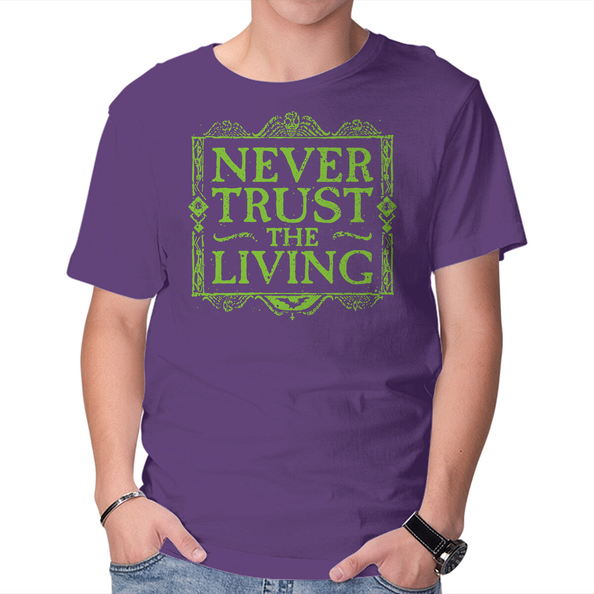 Never Trust Living – Halloween Graphic T-Shirt in purple, product display