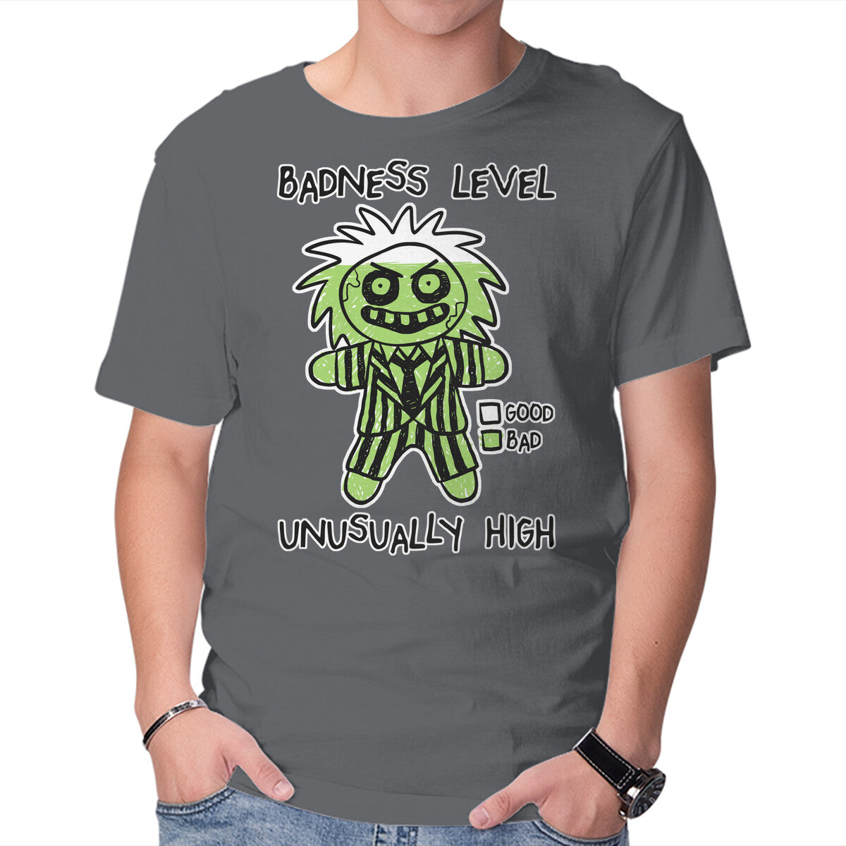 BJ Badness level – Horror Graphic T-Shirt in charcoal, product display