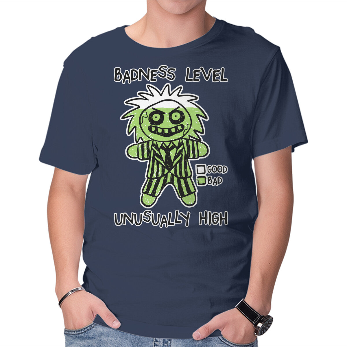 BJ Badness level – Horror Graphic T-Shirt in navy, product display